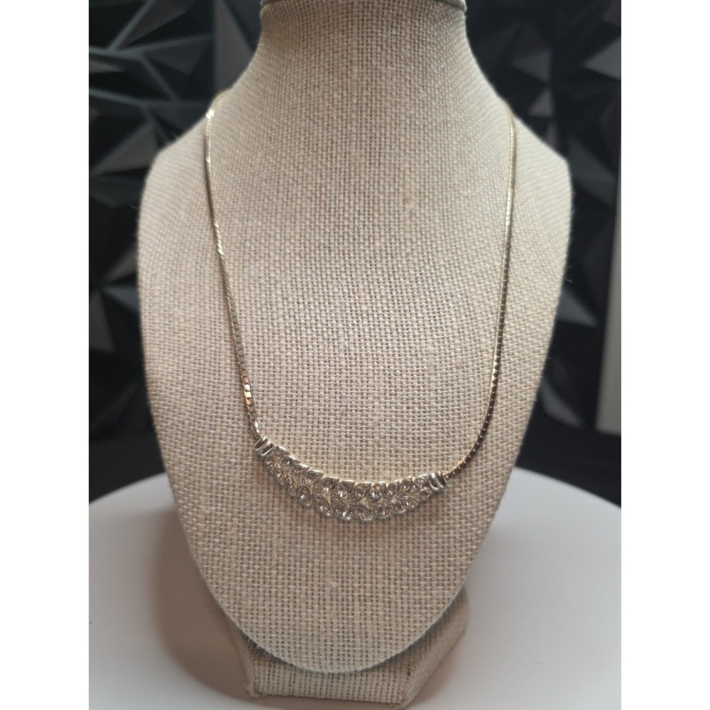 Vintage Silver Tone Rhinestone Leaf Bib Necklace Flat Snake Chain Adjustable